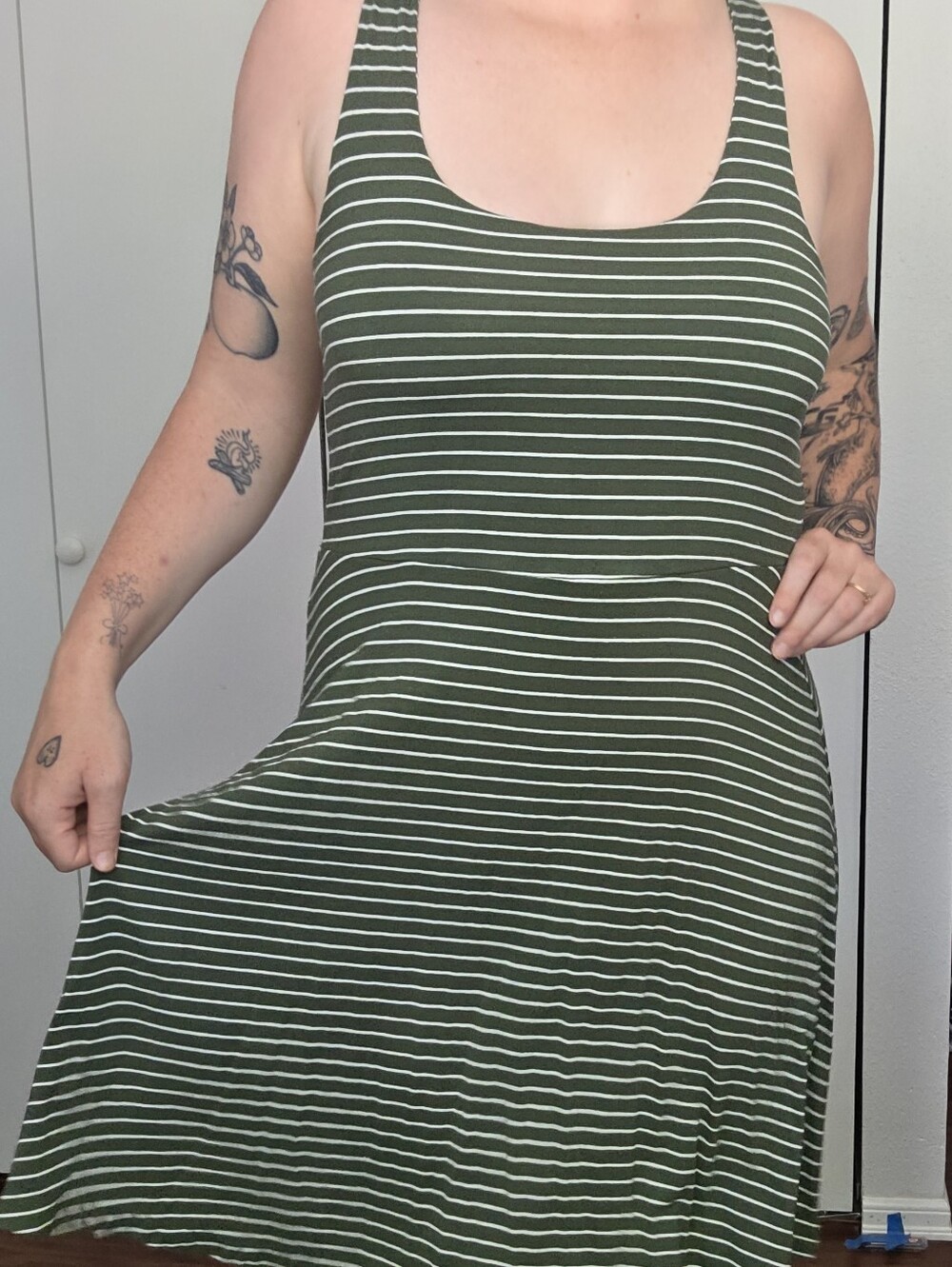 Old Navy Olive Green and White Striped Scoop Neck Mini Dress